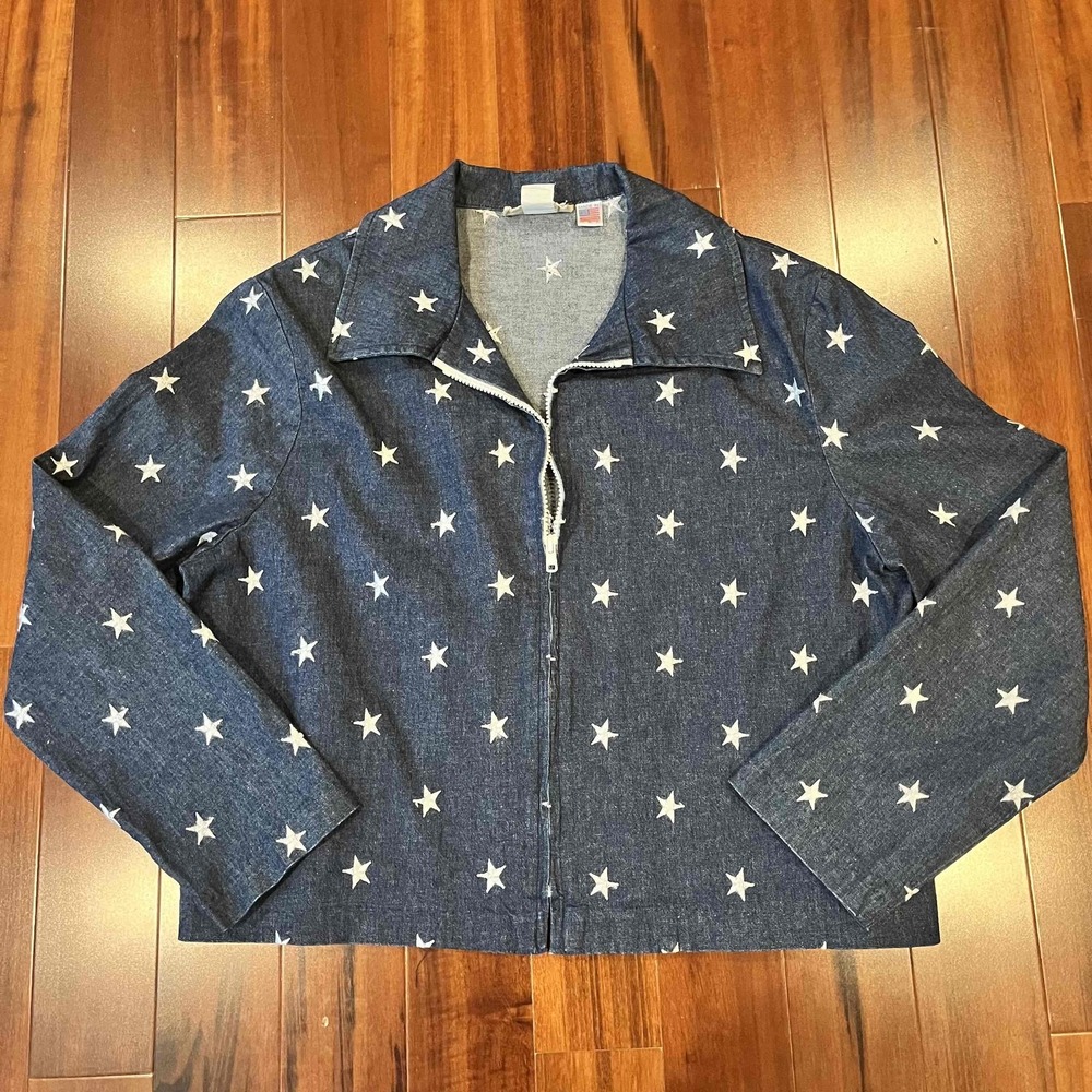 Painted Pony Vintage Navy Jacket Star Print Zip Denim Jean Shoulder Pads Size 14